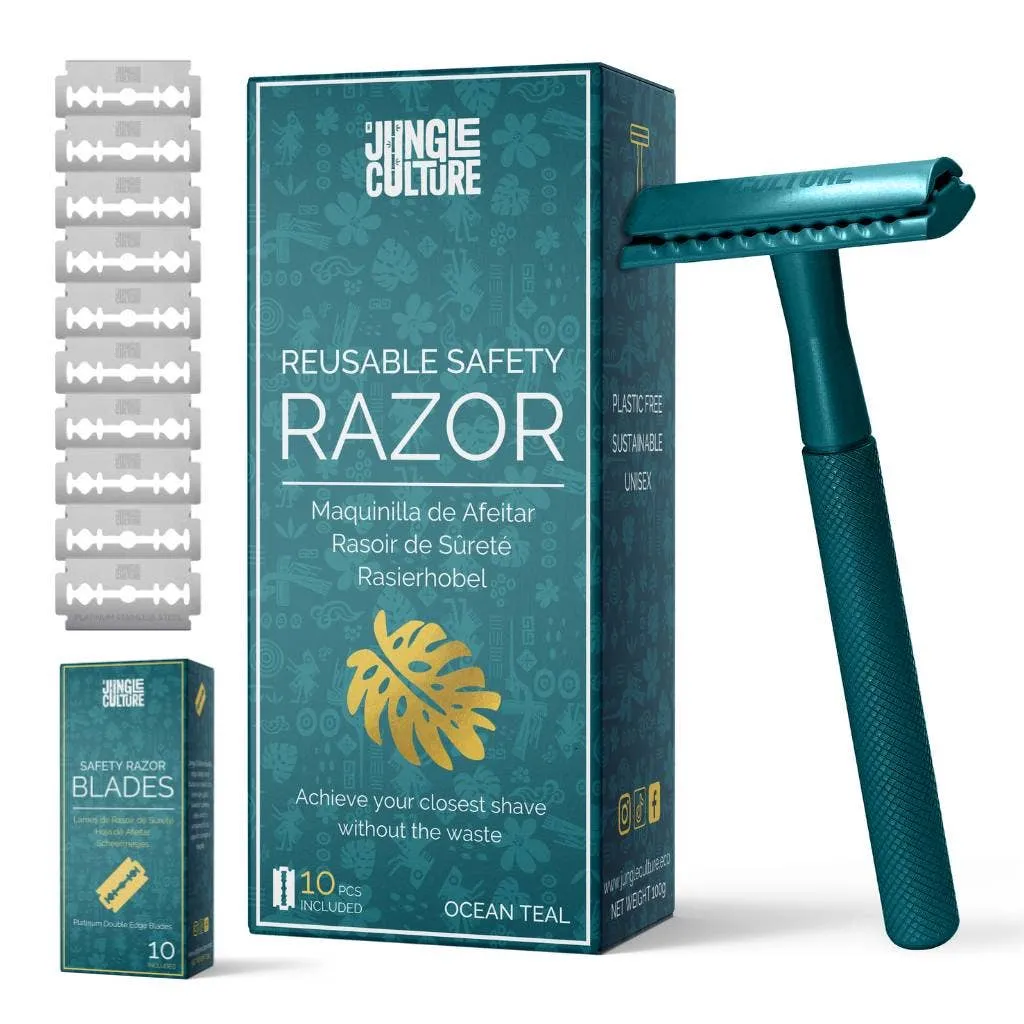 Reusable Metal Safety Razors - Includes 10x Razor Blades: Classic Silver