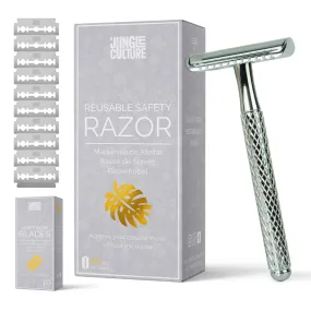 Reusable Metal Safety Razors - Includes 10x Razor Blades: Classic Silver