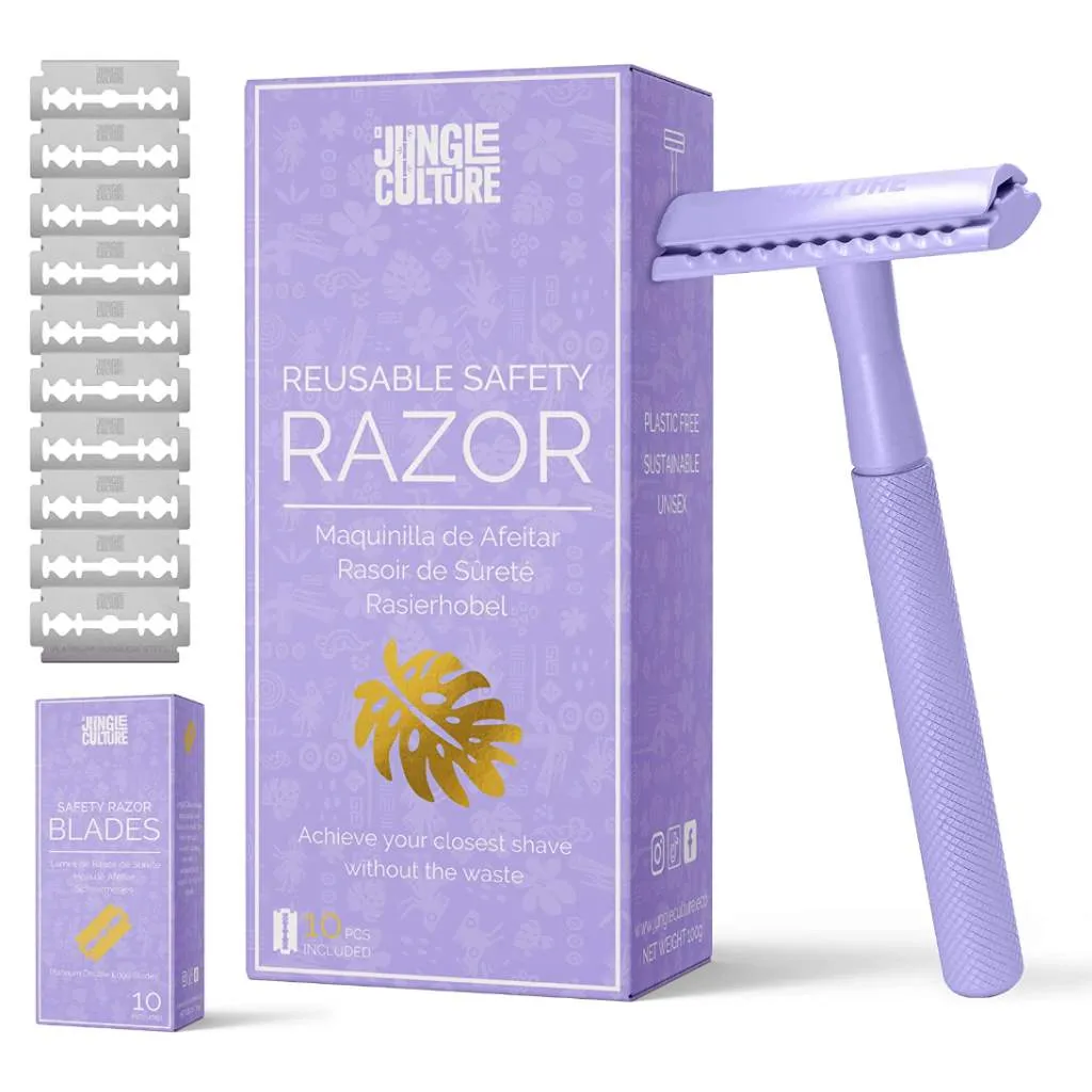 Reusable Metal Safety Razors - Includes 10x Razor Blades: Classic Silver