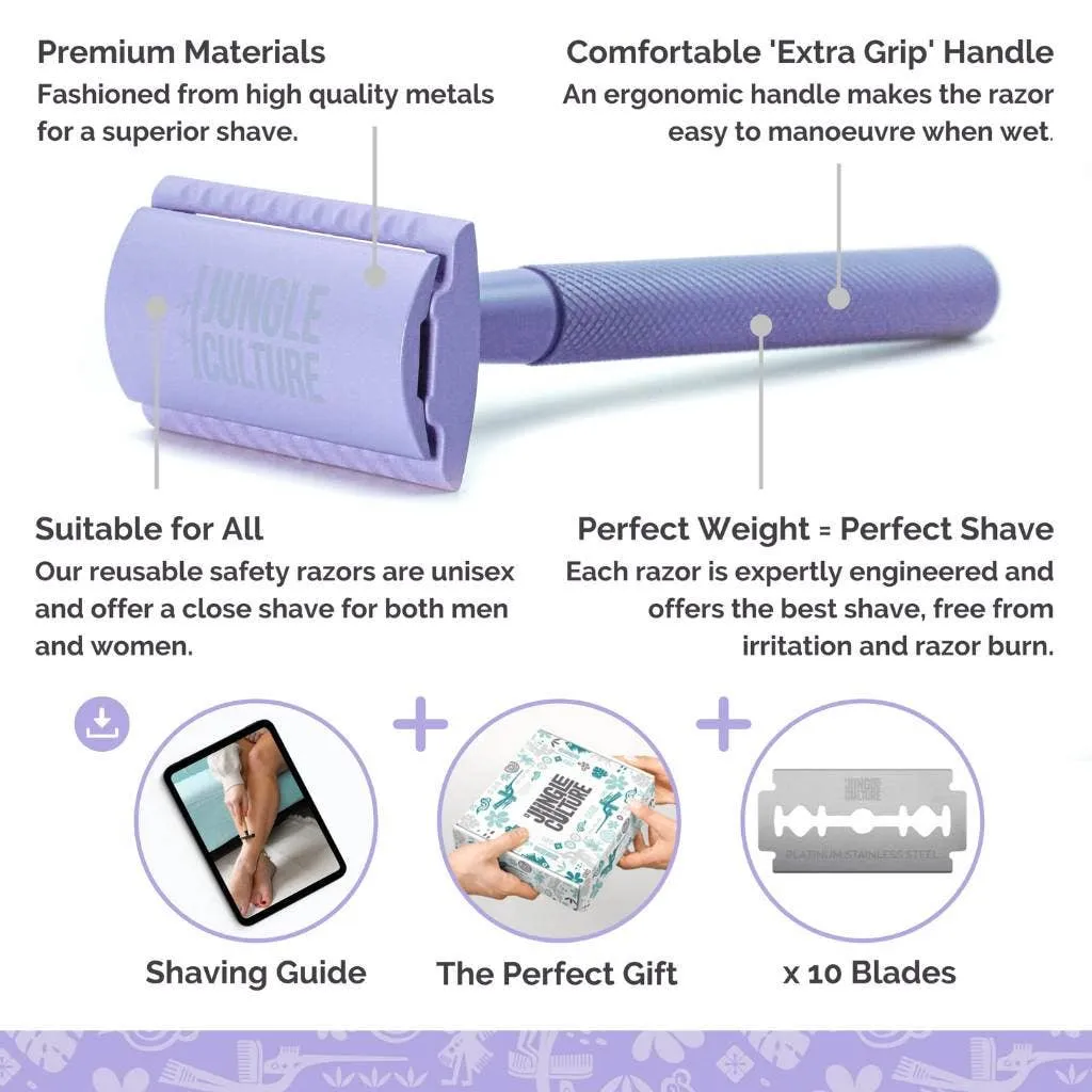 Reusable Metal Safety Razors - Includes 10x Razor Blades: Lilac