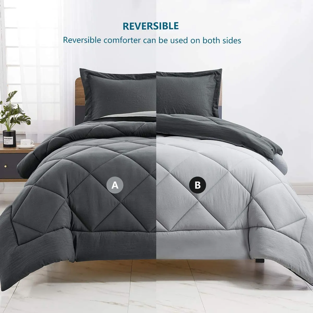 Reversible Comforter Set - Lightweight Fluffy Down Alternative Duvet Insert