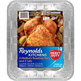 Reynolds Kitchens Heavy Duty Disposable Aluminum Roasting Pans with Lids, 11.75x9.25x2.5 Inches, 2 Count