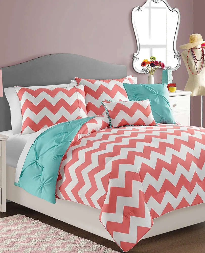 Rising Star Sophia 4-Piece Chevron Design Reversible Comforter Set, Turquoise