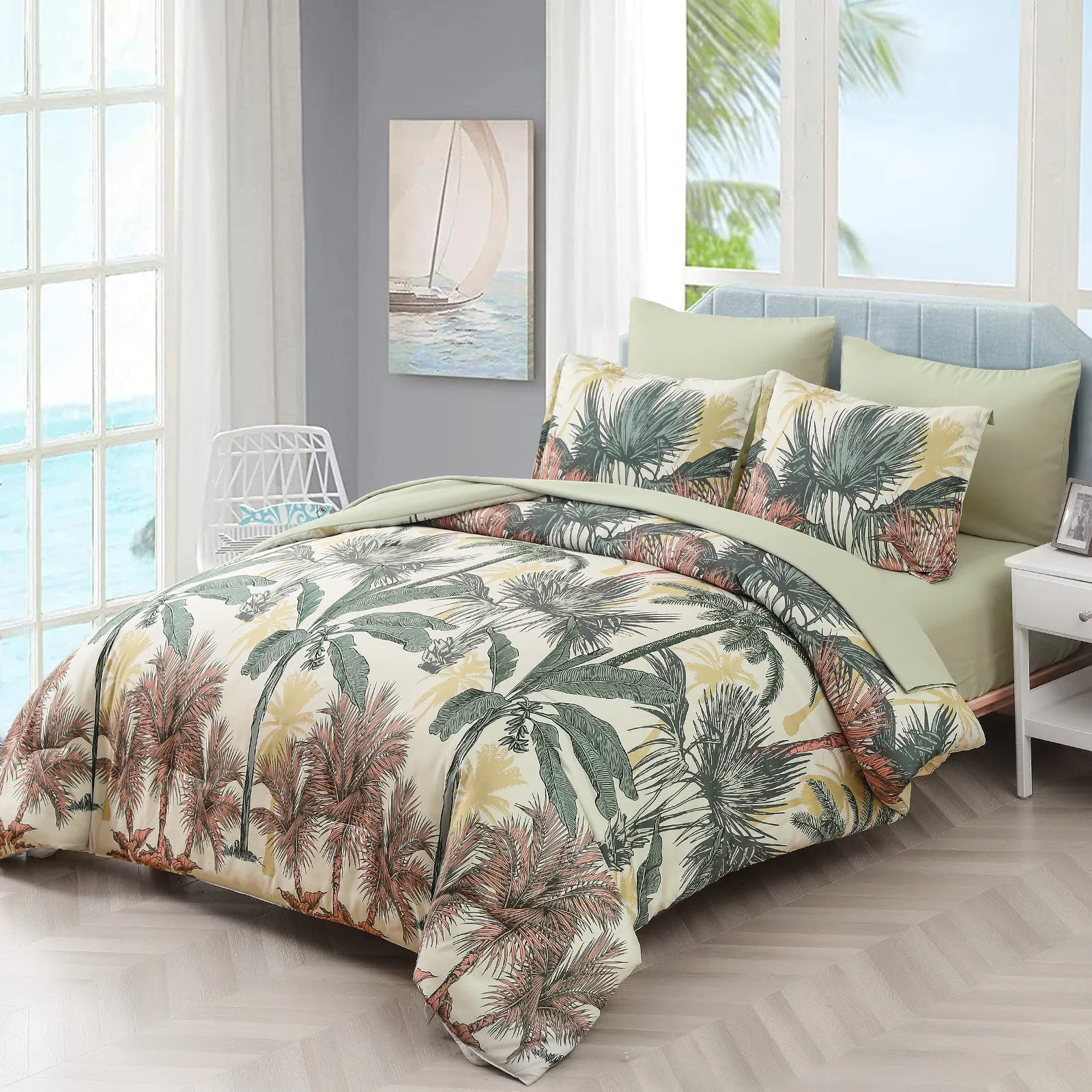 Soft Floral Leaf Comforter Set, King Size, Warm Quilted Bedding with Pillowcases