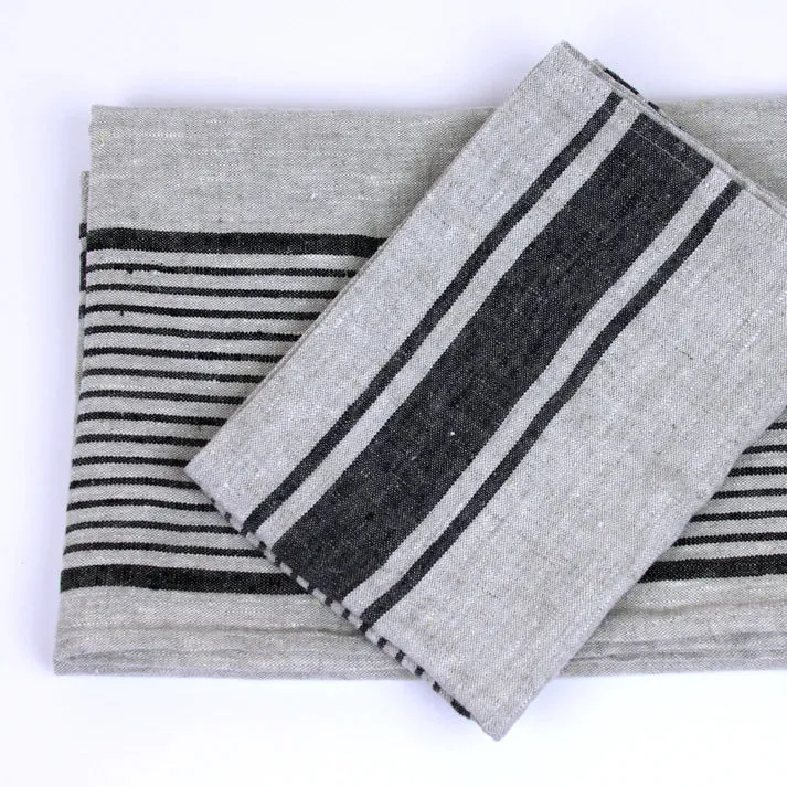 Stonewashed Linen Bath Towel - Grey with Black