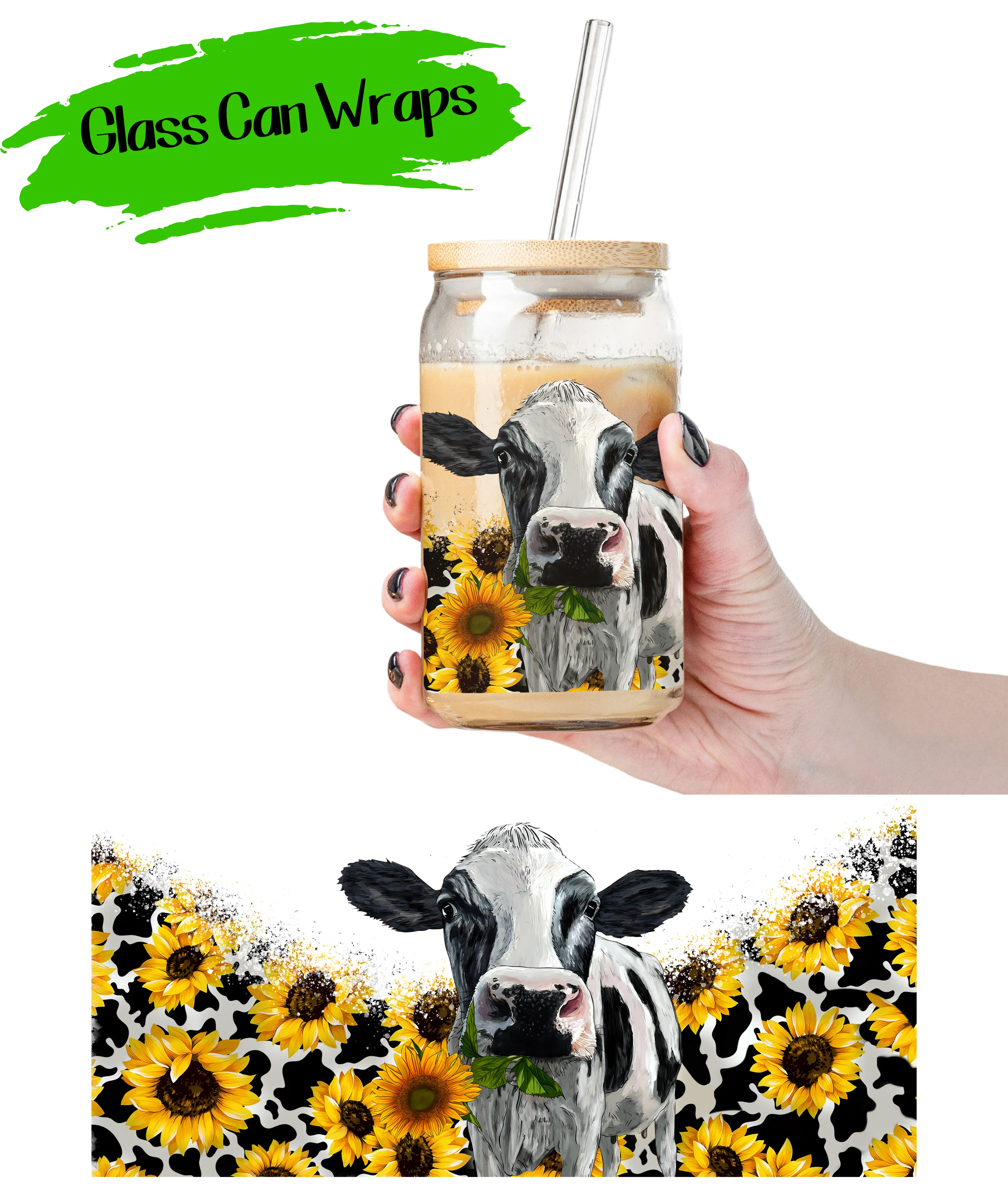 Sunflower Cow Wrap for 16/20 oz Cups - UV DTF or Sublimation (SHIPS IN 3-7 BUS DAYS)