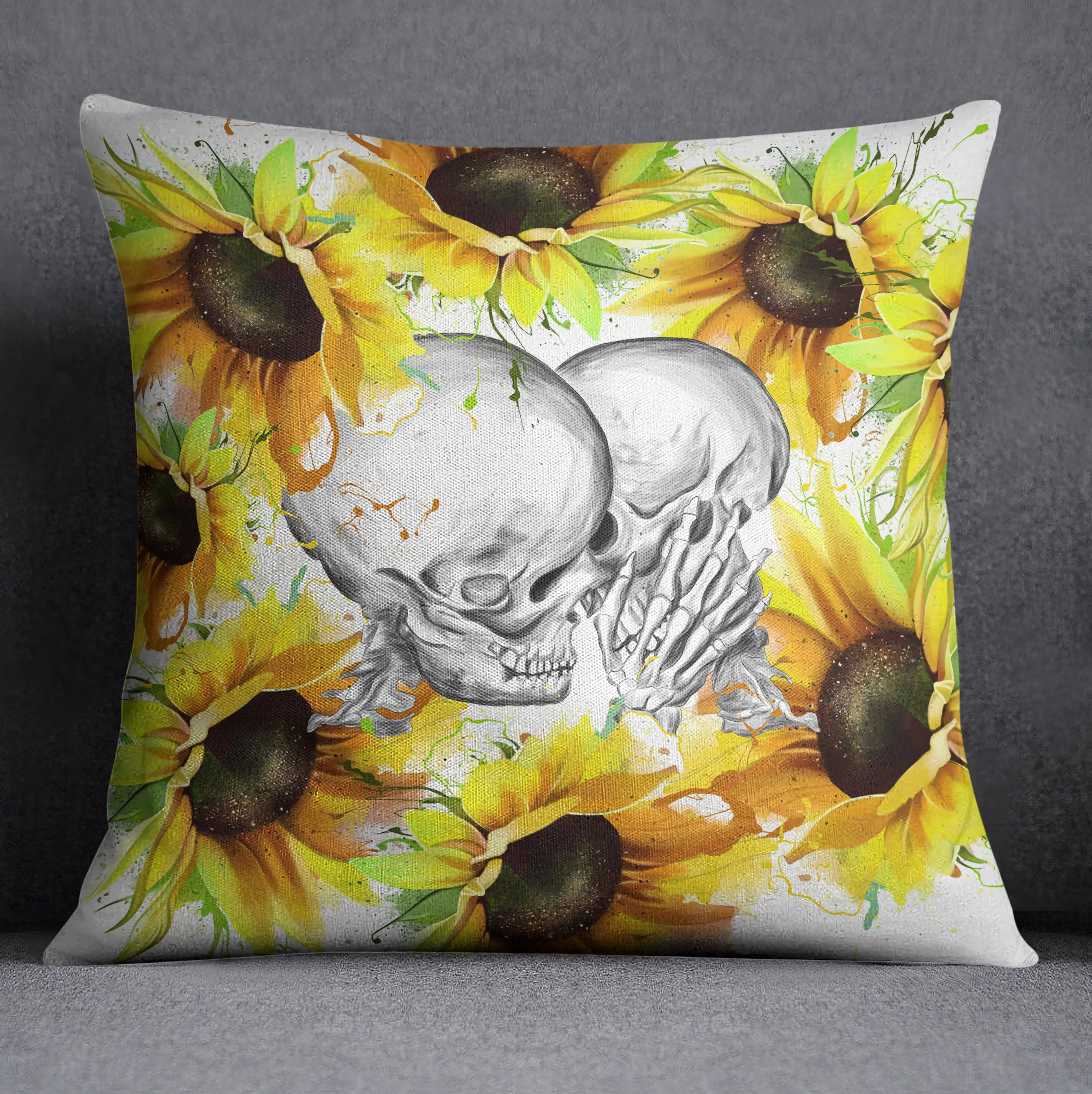 Sunflower Kiss Skull Decorative Throw and Pillow Cover Set