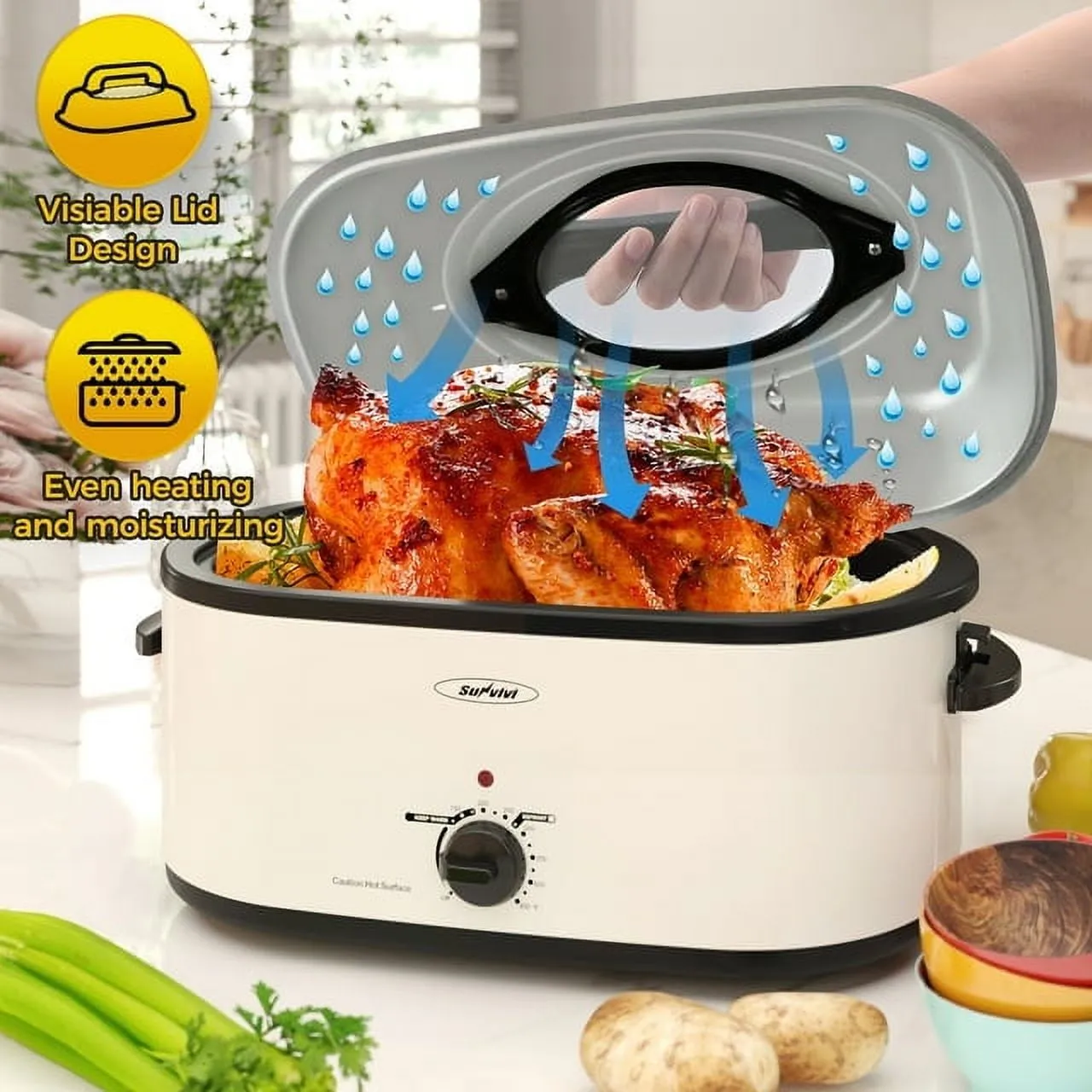 Sunvivi 22 Quart Electric Turkey Roaster Oven with Visible Glass Lid,Removable Pan & Rack, Stainless Steel,White