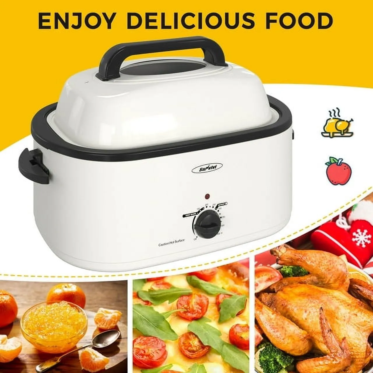 Sunvivi 22 Quart Electric Turkey Roaster Oven with Visible Glass Lid,Removable Pan & Rack, Stainless Steel,White