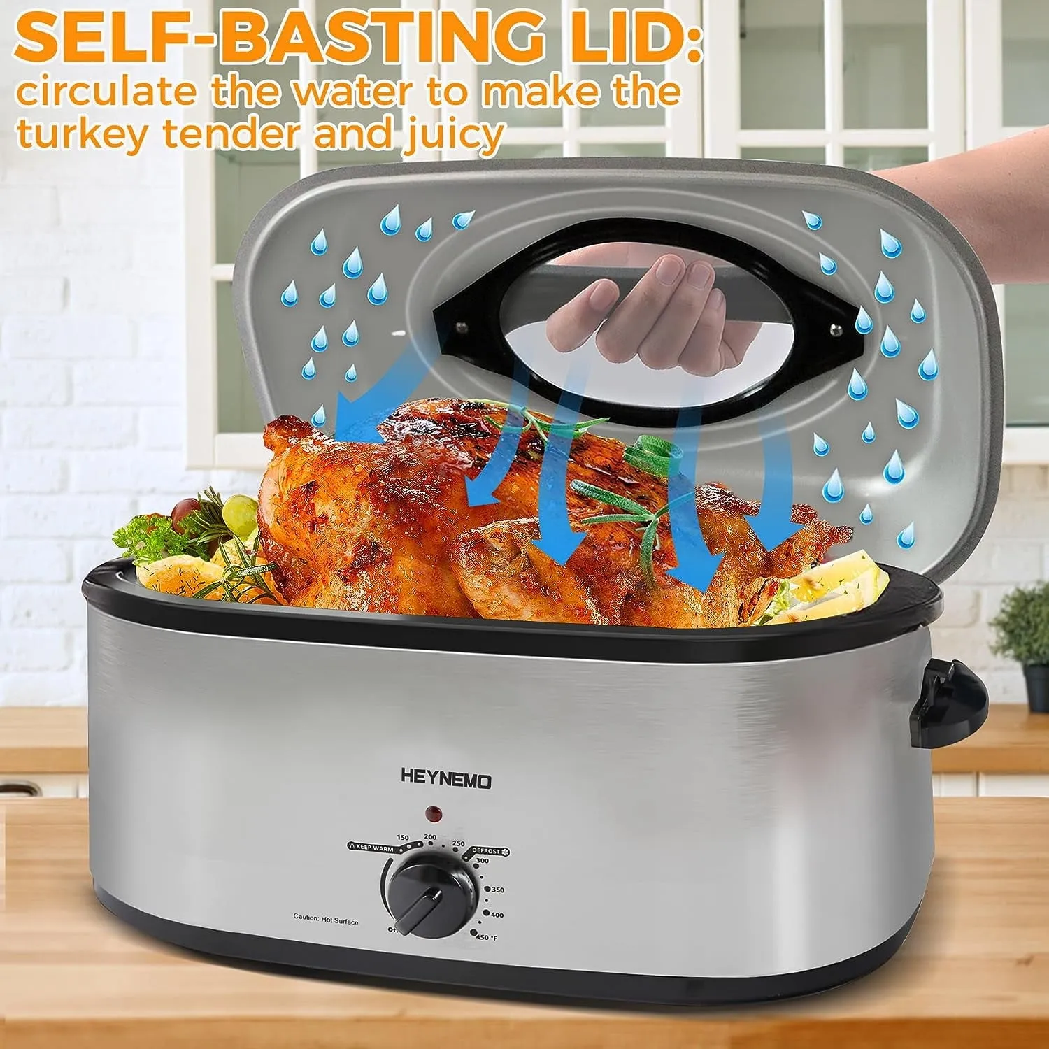 Superjoe 22 Quart Roaster Oven with Self-Basting Lid, Electric Turkey Roaster with Thaw & Warm Function, Adjustable Temperature Roaster With Removable Pan & Rack, Stainless Steel, Silver