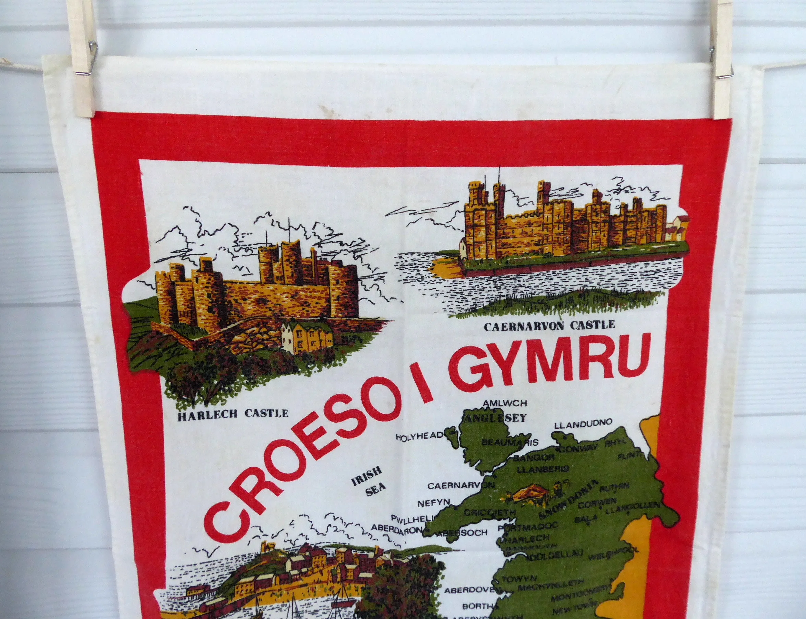 Tea Towel England Welcome To Wales Vintage Welsh 1970s Souvenir