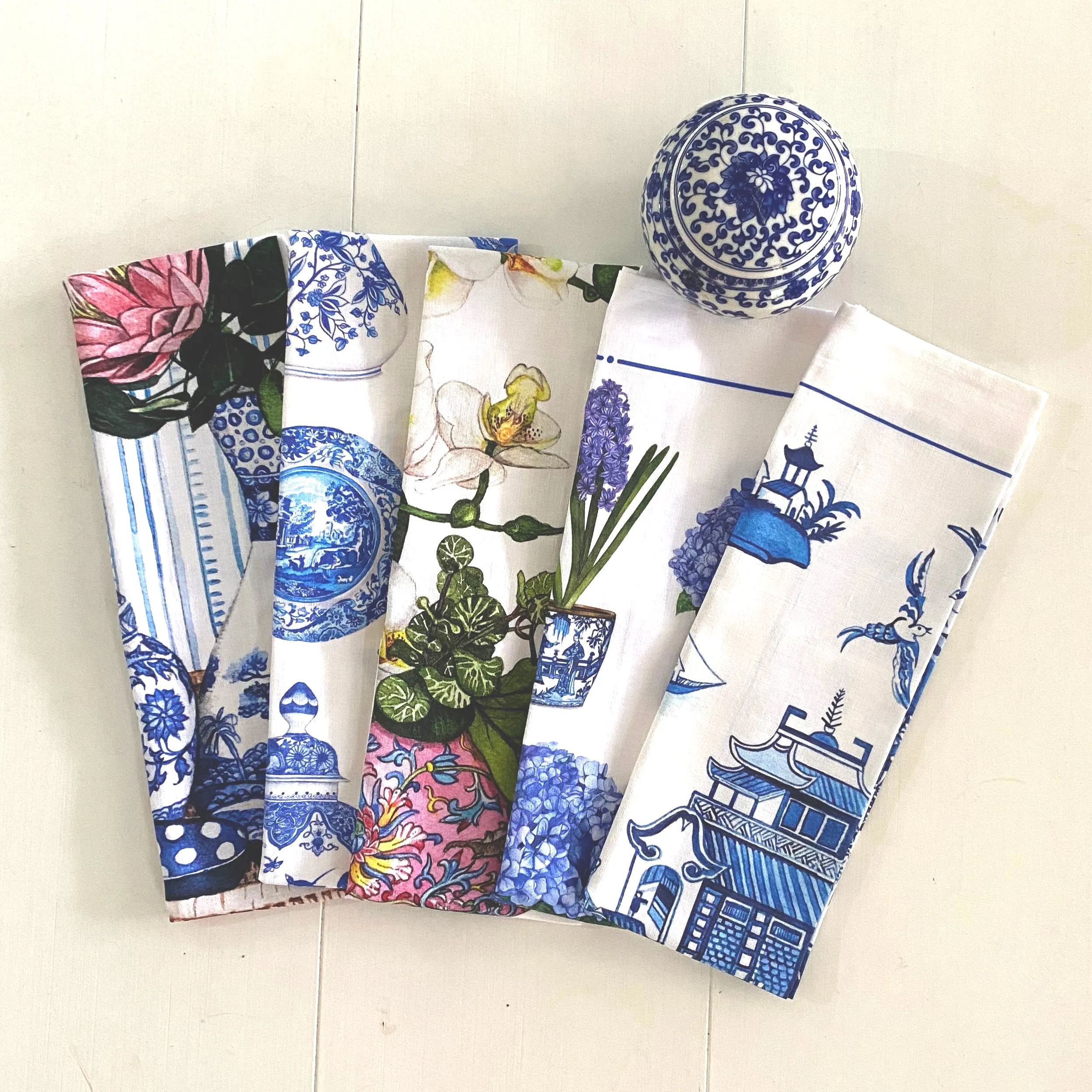 Tea Towel of hydrangeas and hyacinths in blue and white chinoiserie pots