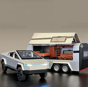 Tesla Cybertruck with Pickup Trailer Alloy Car Model Scale (1:32)- Diecast Metal Off-Road Vehicles Truck Model Sound and Light Kids - playmaster