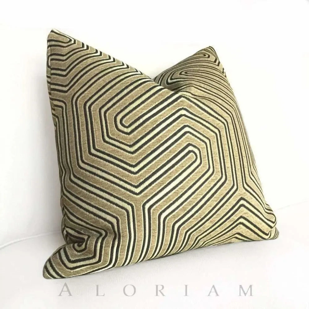 Theta Camel Gold Geometric Maze Chenille Pillow Cover