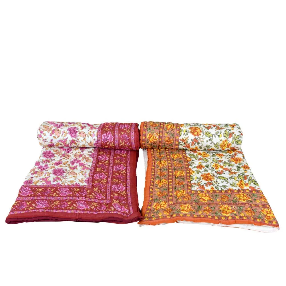 THROW KING Rajasthani Jaipuri Pure Organic Cotton Floral Printed Skin Friendly Single Bed AC Room's Blanket Jaipuri Razai/Rajai/Quilt/Blanket/Dohar (Beige/Pink) (Pack of-2)