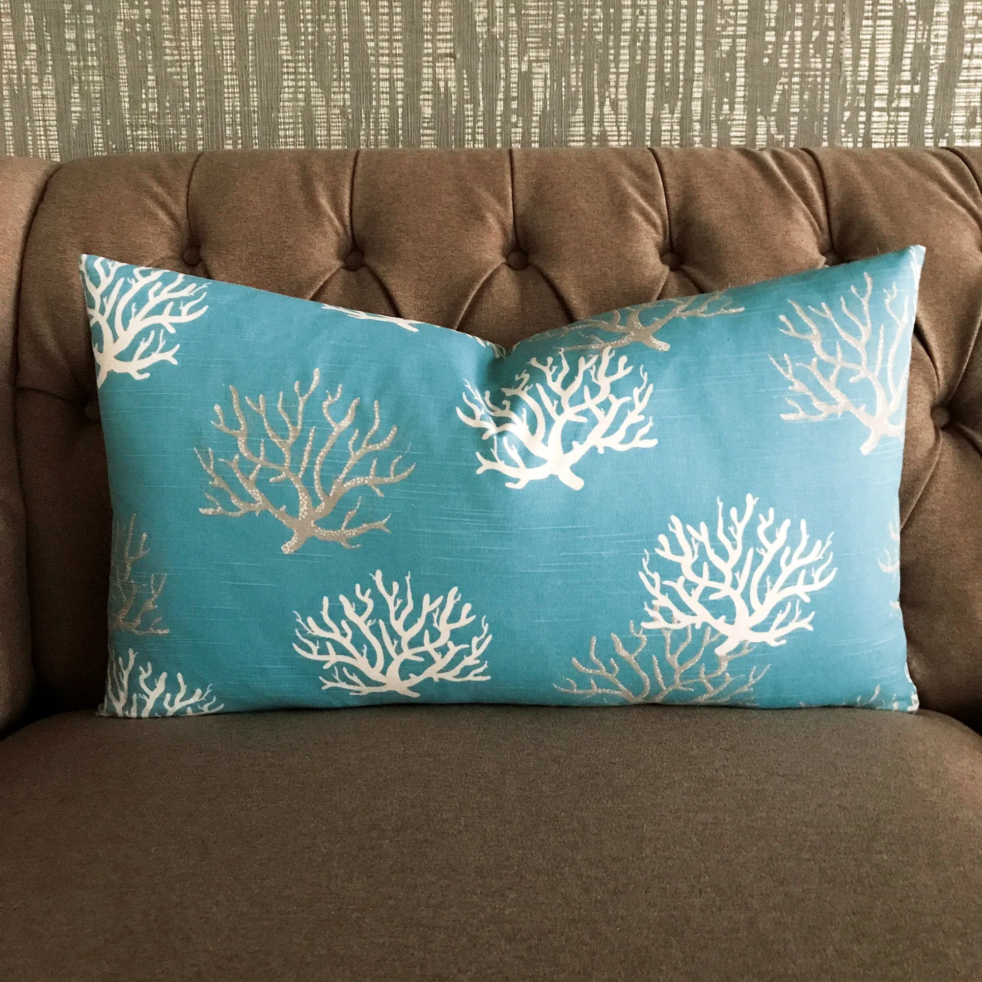 Turquoise Tropical Island Coral Print Lumbar Pillow Cover 15x26