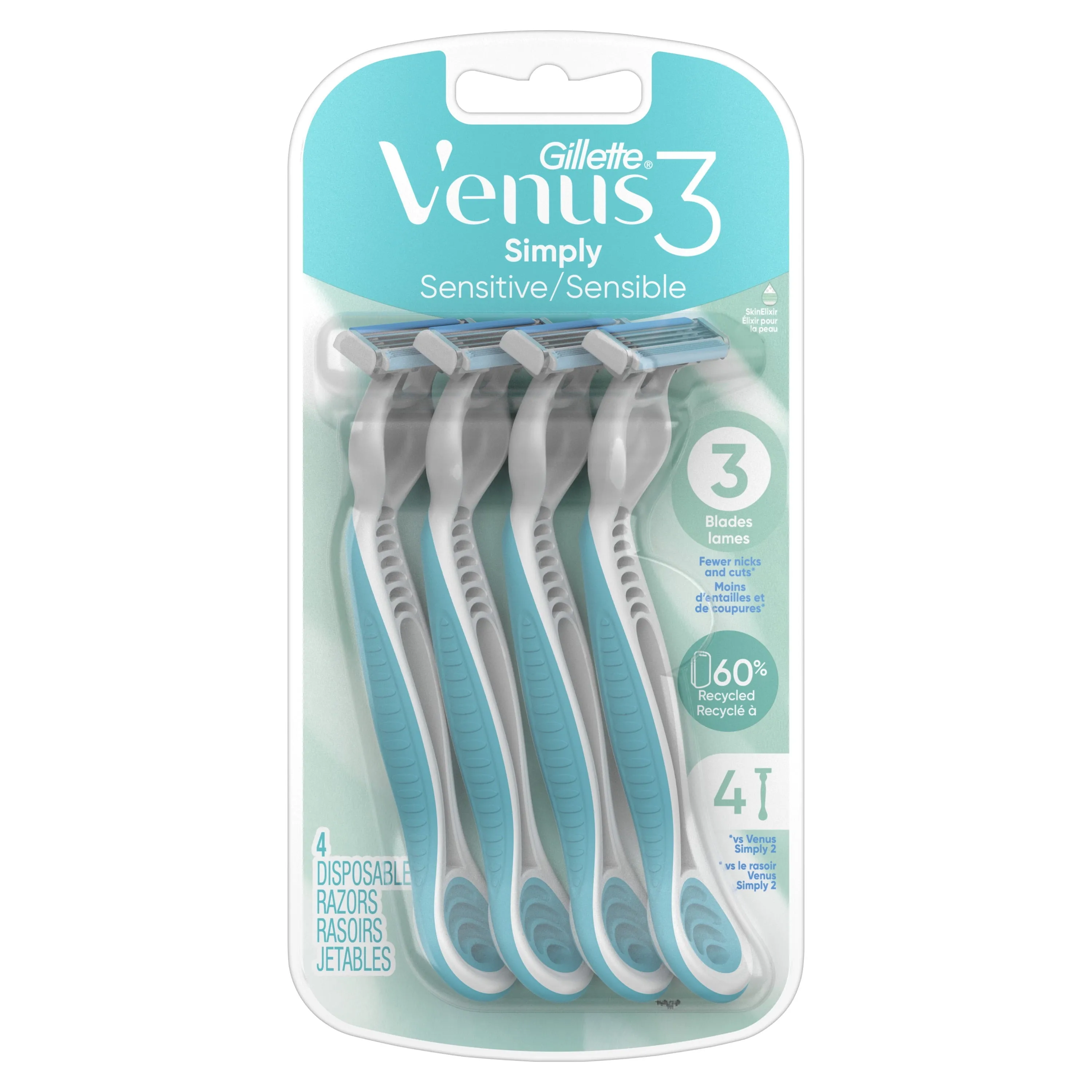 Venus Gillette Simply 3 Sensitive Women's Disposable Razors, 4 Count