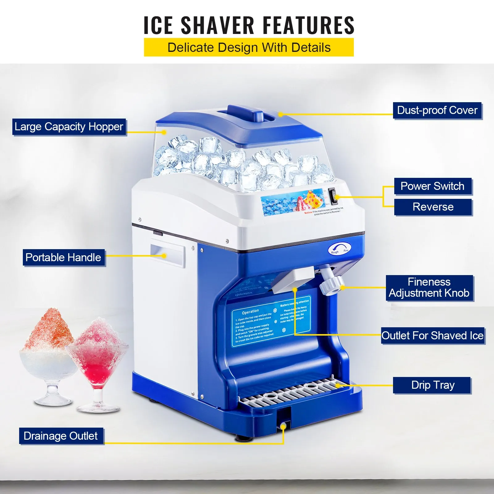 VEVOR 110V Commercial Ice Shaver Crusher 441LBS/H with 11LBS Hopper, 300W Tabletop Electric Snow Cone Maker 320 RPM Rotate Speed Perfect For Parties Events Snack Bar