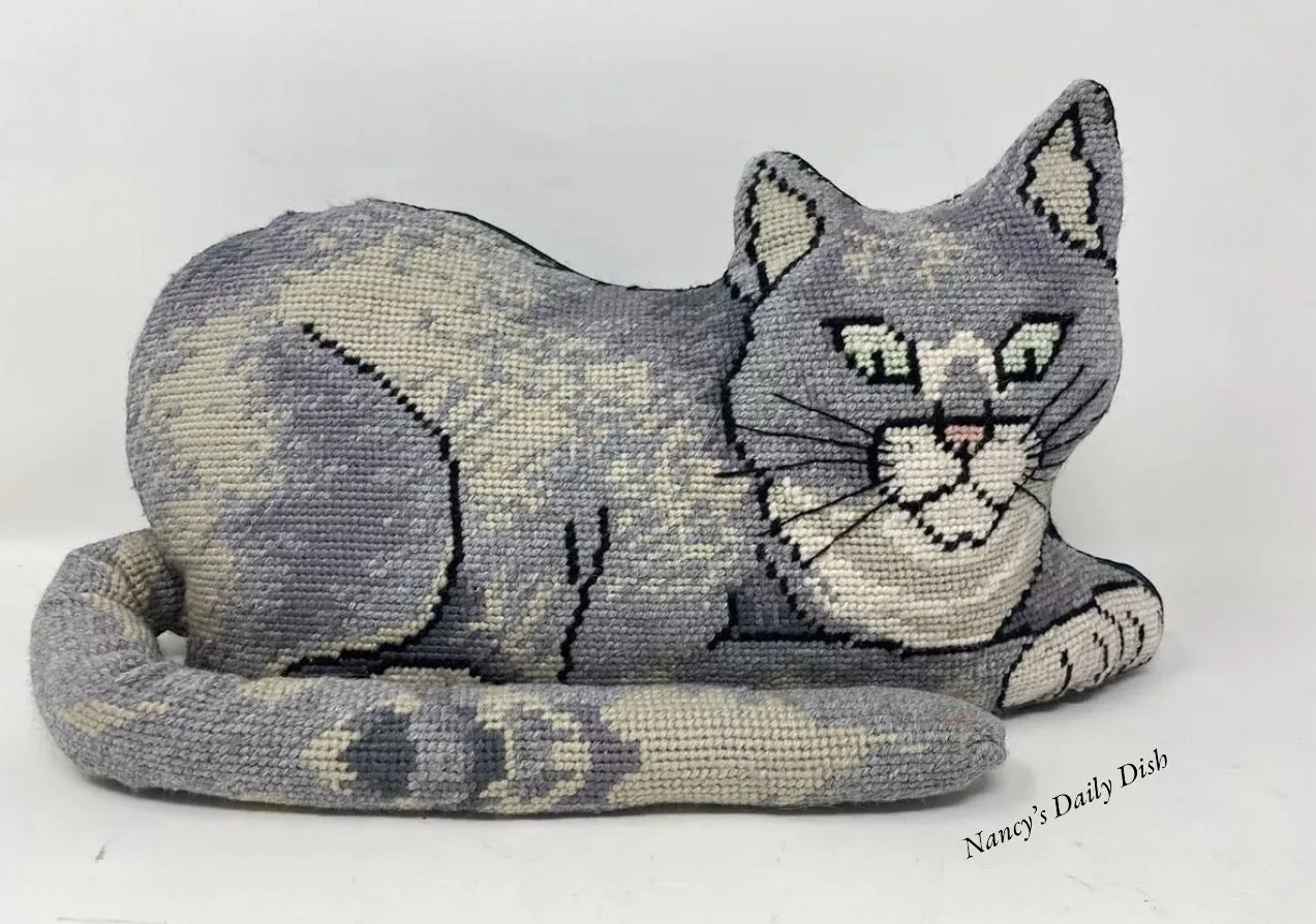 Vintage / Antique Figural Shaped Needlepoint Tabby 🐈 Cat Pillow / Doorstop