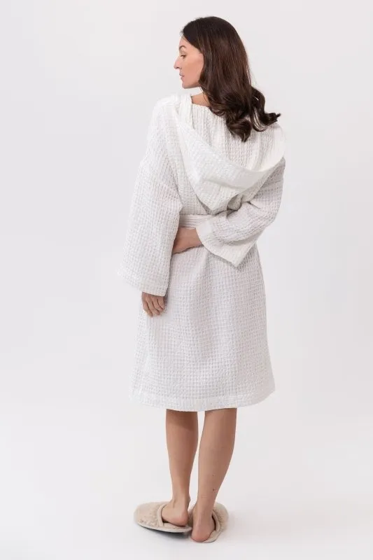 White linen waffle robe with hoodie