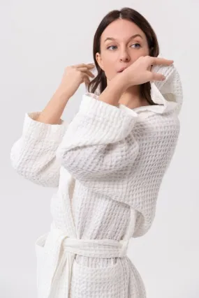 White linen waffle robe with hoodie