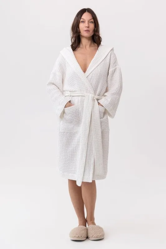 White linen waffle robe with hoodie