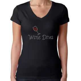 Womens T-Shirt Rhinestone Bling Black Fitted Tee Wine Diva Red Glass