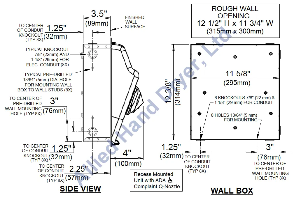 WORLD DRYER® XRM54-Q974 AirMax™ Series Hand Dryer - Cast-Iron White Porcelain High Speed Automatic Recessed (208V-240V)