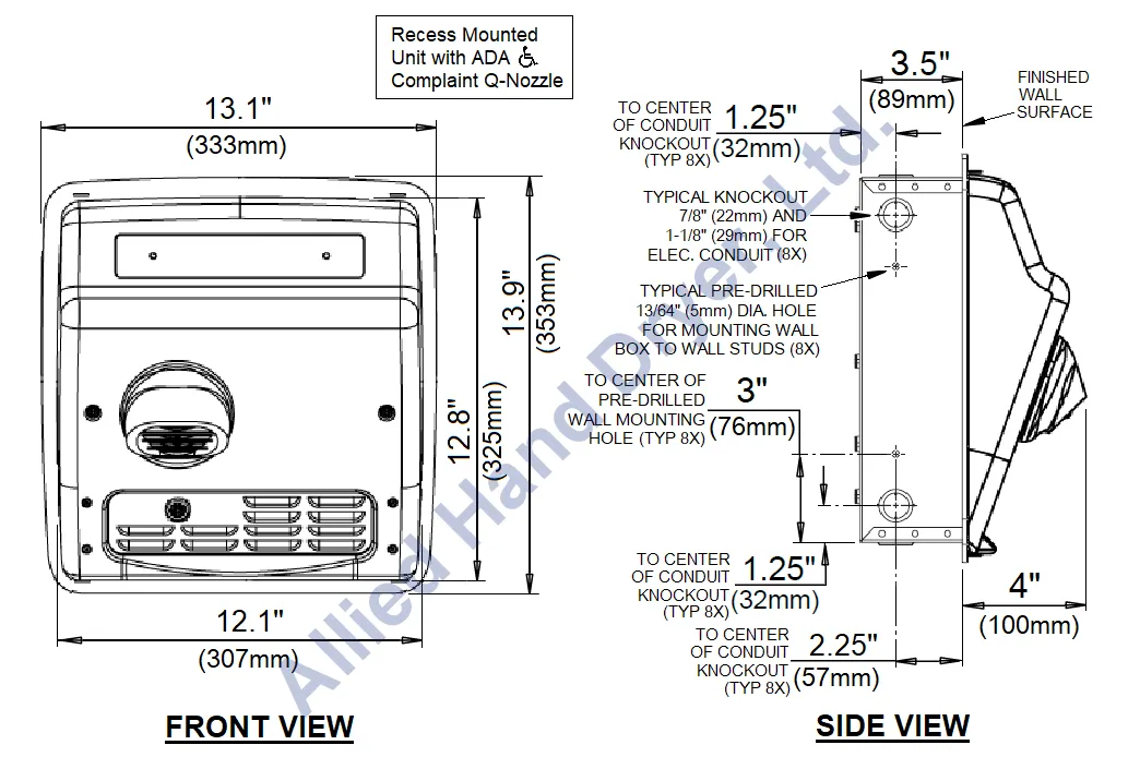 WORLD DRYER® XRM54-Q974 AirMax™ Series Hand Dryer - Cast-Iron White Porcelain High Speed Automatic Recessed (208V-240V)