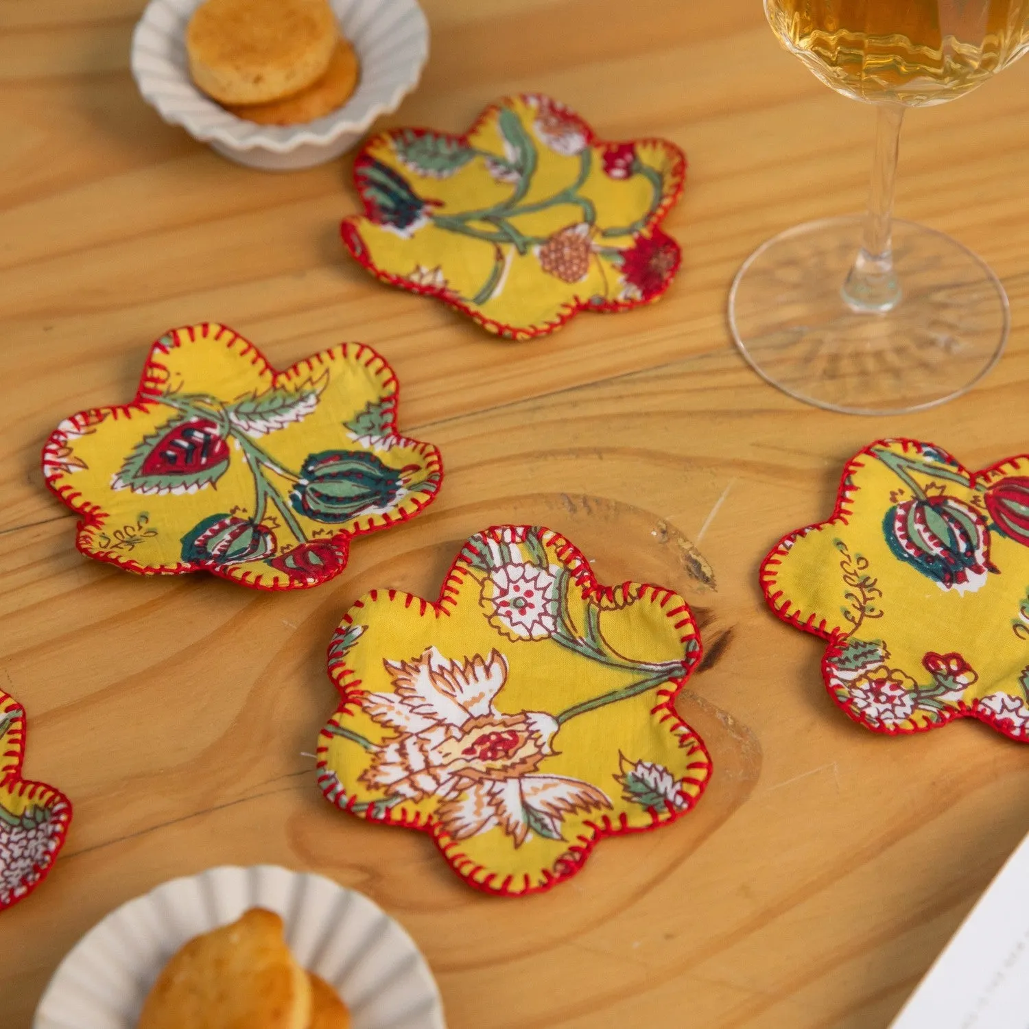 Yellow Floral Flower Shape Coaster Set of 6